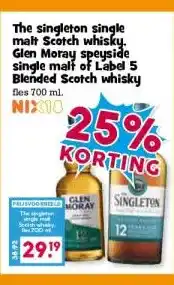 Boon`s Markt malt Scotch whinx. Glen Moray speyside single malt of Label 5 Blended Scotch whisky aanbieding