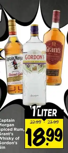 Vomar Voordeelmarkt Captain Morgan Spiced Rum, Grant's Whisky of Gordon's Gin aanbieding