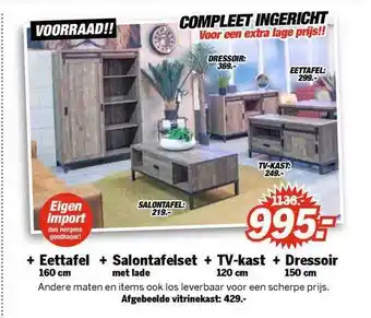 Matrasconcurrent Compleet ingericht + eettafel 160 cm + salontafelset met lade + tv-kast 120 cm + dressoir 150 cm aanbieding