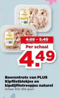 PLUS Boerentrots van PLUS Kipfiletblokjes en kipdijfiletreepjes naturel aanbieding