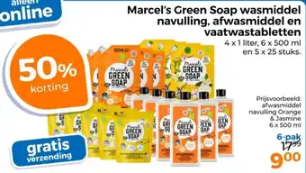 Trekpleister Marcel's green soap wasmiddel navulling afwasmiddel en vaatwastabletten aanbieding