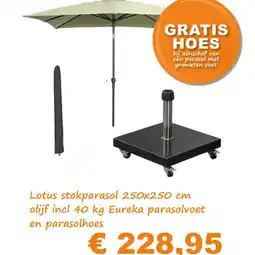 Tuinmeubelland Lotus stokparasol 250x250 cm olijf incl 40 kg Eureka parasolvoet en parasolhoes aanbieding