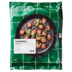 IKEA Groene ikea tas met gekookte plantaardige ballen in pan, gelabeld huvudroll plant ballen 500g aanbieding