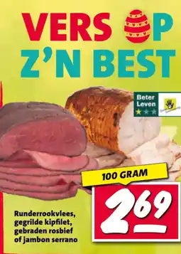 Nettorama Runderrookvlees, gegrilde kipfilet, gebraden rosbief of jambon serrano aanbieding