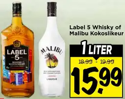 Vomar Voordeelmarkt Label 5 Whisky of Malibu Kokoslikeur aanbieding