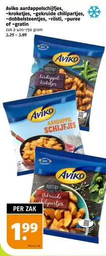 Poiesz Aviko aardappelschijfjes, kroketjes, gekruide chilipartjes, dobbelsteentjes, rösti, puree of gratin aanbieding