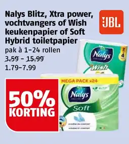 Poiesz Nalys Blitz, Xtra power, vochtvangers of Wish keukenpapier of Soft Hybrid toiletpapier aanbieding