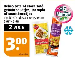 Poiesz Hebro saté of mora saté, gehaktballetjes, loempia of snackbroodjes aanbieding