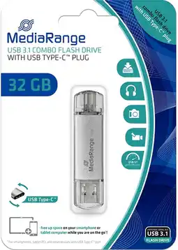 Bol.com MediaRange USB Stick 32GB | Combo USB 3.2 Gen 1 met USB-A en USB Type-C | Zilver aanbieding