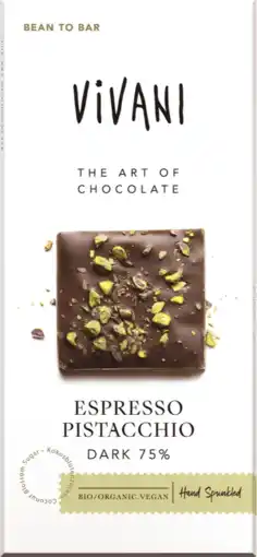 De Online Drogist Vivani Chocoladereep Puur 75% Cacao Espresso Pistacchio 80GR aanbieding