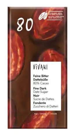De Online Drogist Vivani Chocoladereep Puur 80% Cacao Date Sugar 80GR aanbieding