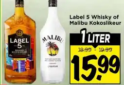 Vomar Voordeelmarkt Label 5 Whisky of Malibu Kokoslikeur aanbieding