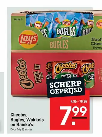 De Kweker Cheetos, Bugles, Wokkels en Hamka's Doos 24 / 30 zakjes aanbieding