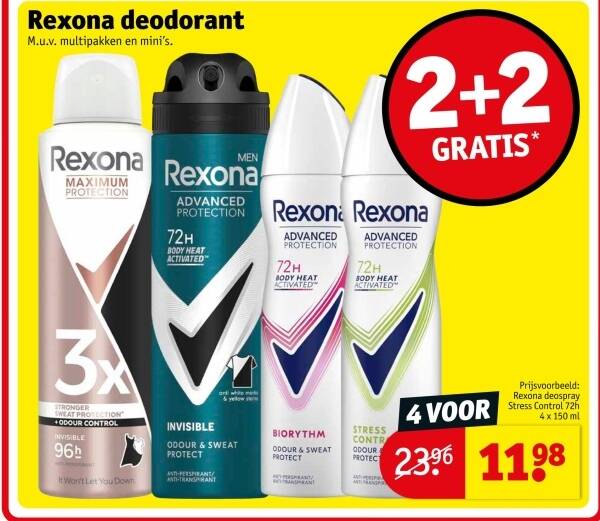 Rexona deodorant 4 x 150 ml 2+2 GRATIS* aanbieding bij Kruidvat