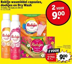 Kruidvat Robijn wasmiddel capsules, doekjes en Dry Wash aanbieding