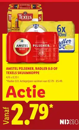Lidl Amstel pilsener, Radler 0.0 of Texels skuumkoppe aanbieding