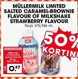 Coop MÜLLERMILK LIMITED SALTED CARAMEL-BROWNIE FLAVOUR OF MILKSHAKE STRAWBERRY FLAVOUR aanbieding