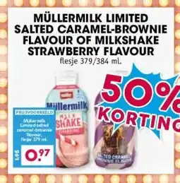 Boon`s Markt MÜLLERMILK LIMITED SALTED CARAMEL-BROWNIE FLAVOUR OF MILKSHAKE STRAWBERRY FLAVOUR aanbieding