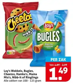 Hoogvliet Lay's Wokkels, Bugles, Cheetos, Hamka's, Mama Mia's, Nibb-lt of Ringlings aanbieding