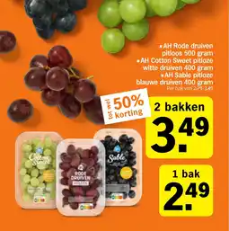Albert Heijn AH Rode druiven pitloos, AH Cotton Sweet pitloze witte druiven, AH Sable pitloze blauwe druiven aanbieding
