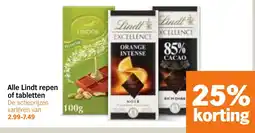 Albert Heijn Alle Lindt repen of tabletten aanbieding