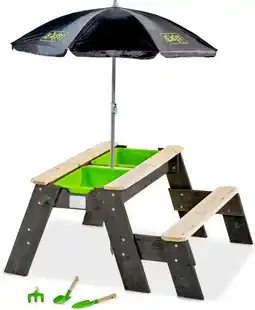 Bol.com EXIT Aksent zand-, water- en picknicktafel (1 bankje) met parasol en tuingereedschap aanbieding