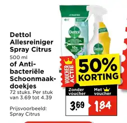Vomar Voordeelmarkt Dettol Allesreiniger Spray Citrus of Anti- bacteriële Schoonmaak- doekjes aanbieding