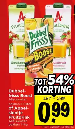 Vomar Voordeelmarkt Dubbel- frisss Boost of appelsientje fruitdrink aanbieding
