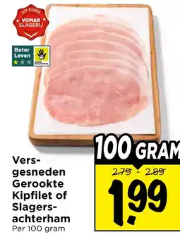 Vomar Voordeelmarkt Vers- gesneden Gerookte Kipfilet of Slagers- achterham aanbieding
