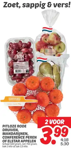 Dekamarkt PITLOZE RODE DRUIVEN, MANDARIJNEN, CONFERENCE PEREN OF ELSTAR APPELEN aanbieding