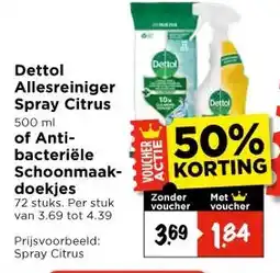 Vomar Voordeelmarkt Dettol Allesreiniger Spray Citrus 500 ml of Anti-bacteriële Schoonmaak- doekjes aanbieding