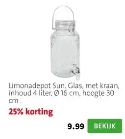 Intratuin Limonadepot Sun. Glas, met kraan, inhoud 4 liter, Ø 16 cm, hoogte 30 cm . aanbieding