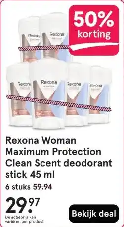 Etos Rexona Woman Maximum Protection Clean Scent deodorant stick 45 ml aanbieding