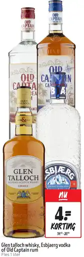 Jumbo Glen talloch whisky, Esbjaerg vodka of Old Captain rum aanbieding