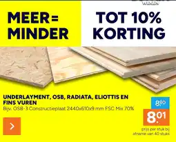 BOUWMAAT Underlayment, osb, radiata, eliottis en fins vuren aanbieding