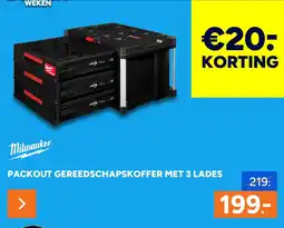 BOUWMAAT Milwaukee® packout gereedschapskoffer met 3 lades aanbieding