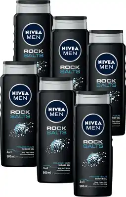 Bol.com NIVEA MEN Rock Salts Douchegel Mannen - 3-in-1 Shower Gel - Shampoo - Voordeelverpakking - 6x 500 ml aanbieding