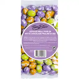 Jumbo Time2Choco Gevulde Melk, Puur en Witte Chocolade Praliné Eitjes 750 g aanbieding