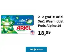 Plein.nl 2+2 gratis: Ariel 3in1 Wasmiddel Pods Alpine 19 aanbieding