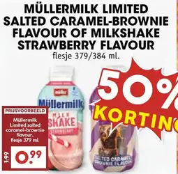 De Boerenschuur Müllermilk limited salted caramel-brownie flavour of milkshake strawberry flavour aanbieding