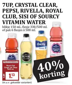 De Boerenschuur 7Up, Crystal Clear, Pepsi, Rivella, Royal Club, Sisi of Sourcy Vitamin Water aanbieding