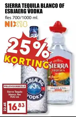 De Boerenschuur Siera Tequila Blanco of Esbjaerg Vodka aanbieding