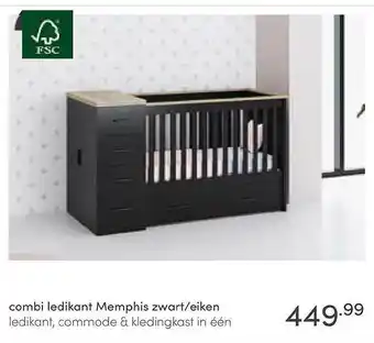 Baby & Tiener Combi Ledikant Memphis Zwart-Eiken Ledikant, Commode & Kledingkast In Één aanbieding