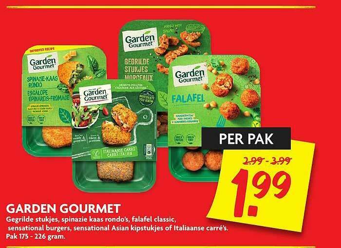 Garden Gourmet Gegrilde Stukjes, Spinazie Kaas Rondo's, Falafel Classic,  Sensational Burgers, Sensational Asian Kipstukjes Of aanbieding bij  Dekamarkt