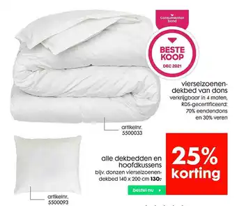 HEMA Alle Dekbedden En Hoofdkussens 25% Korting aanbieding