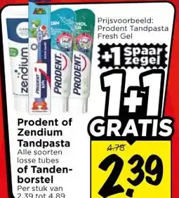 Vomar Voordeelmarkt Prodent of Zendium Tandpasta Alle soorten losse tubes of Tanden- borstel aanbieding