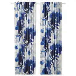 IKEA SkogsnÄssla Gordijnen, 1 paar, wit/blauw bloemenpatroon/met plooiband, 145x280 cm aanbieding