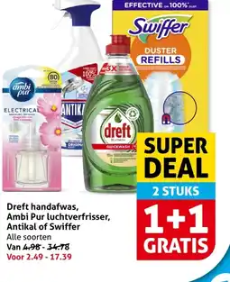 Hoogvliet Dreft handafwas, Ambi Pur luchtverfrisser, Antikal of Swiffer aanbieding