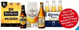 Hoogvliet Corona, Leffe, Hertog Jan speciaal of Tripel Karmeliet 4-en 6-packs aanbieding