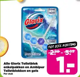 PLUS Alle Glorix Toiletblok enkelpakken en Ambipur Toiletblokken en gels aanbieding